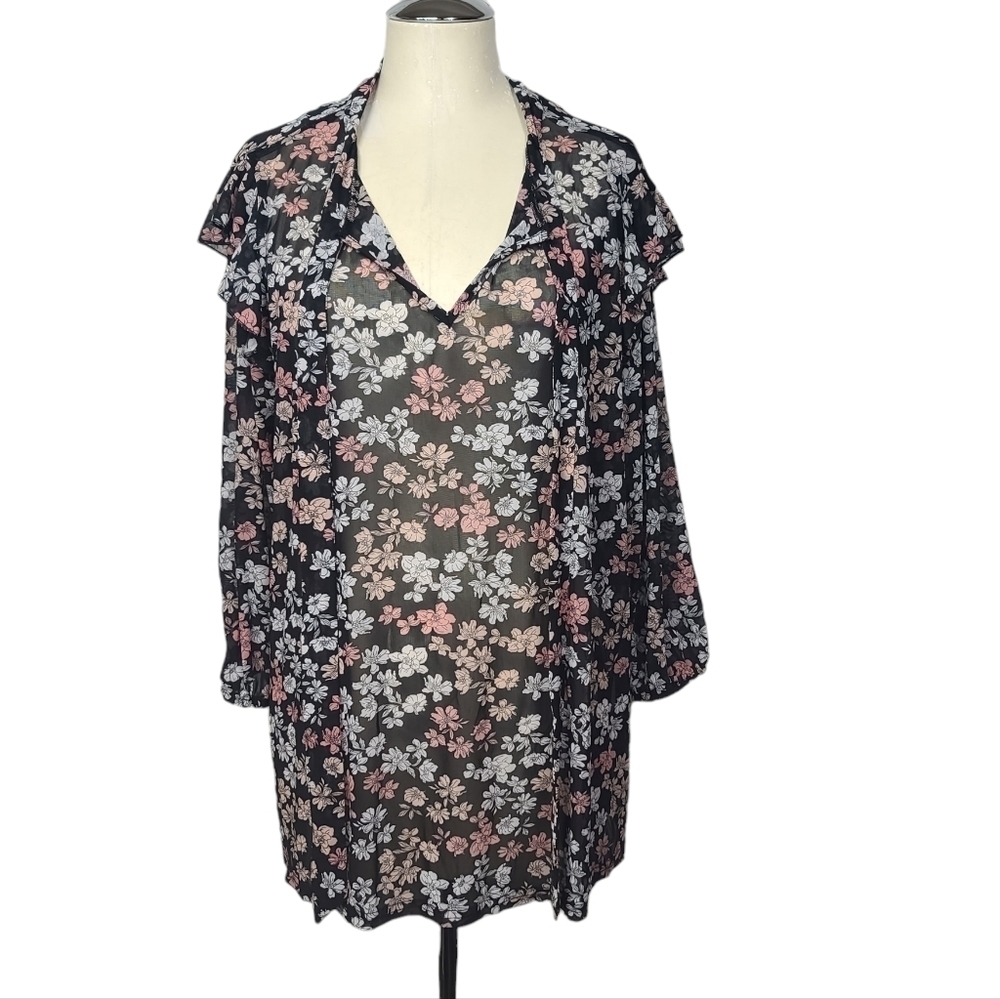 NWT Luna Floral V Neck Sheer Blouse 2X